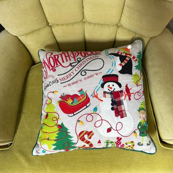 Pier 1 Imports Christmas Lights North Pole Snowman Elf Penguin Pillow 17" x 17" - Picture 4 of 11